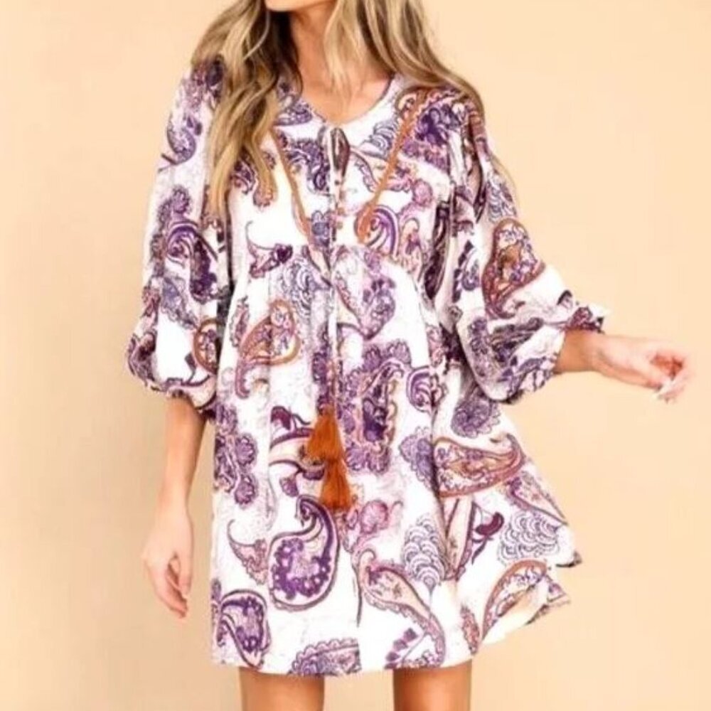Band of the Free XS Purple Tassel‎ Paisley Long Sleeve Mini Dress Boho Lined NWT